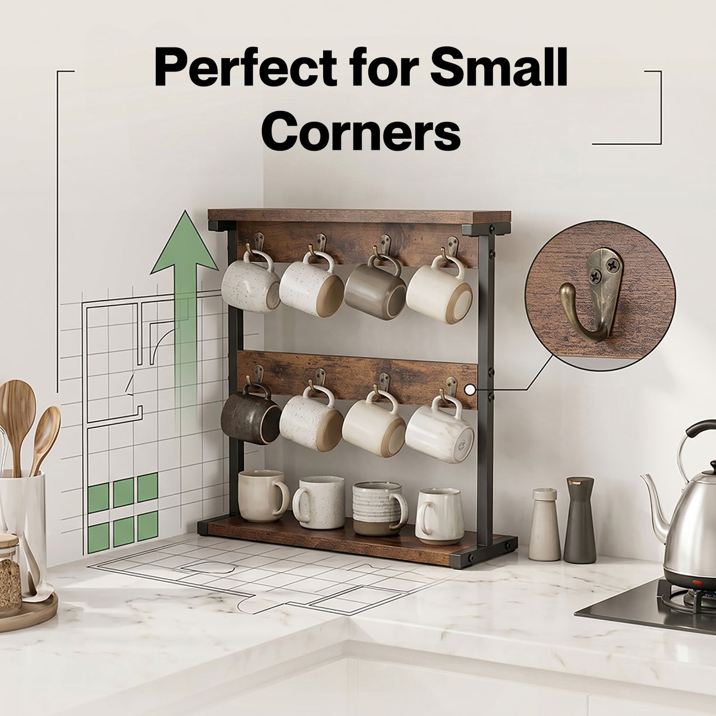 Levede Mug Holder Stand Coffee Cup Rack Organiser Countertop Mug Tree with Hooks