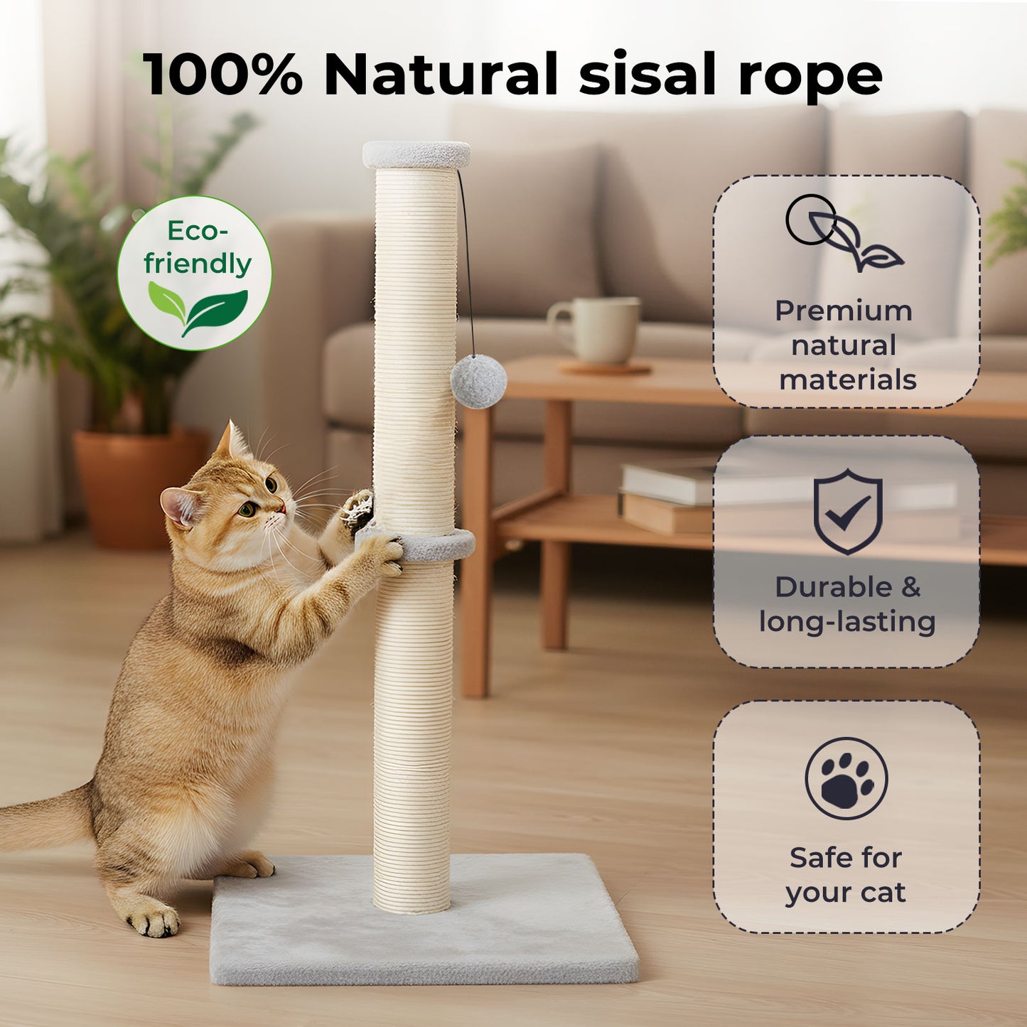 Skylos Tall Cat Scratching Post 75cm Sisal Pole Heavy Duty Base Scratcher Ball