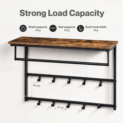 Levede Coat Rack Wall Mounted 10kg Wooden Shelf Hooks Hanger Storage Metal Brown