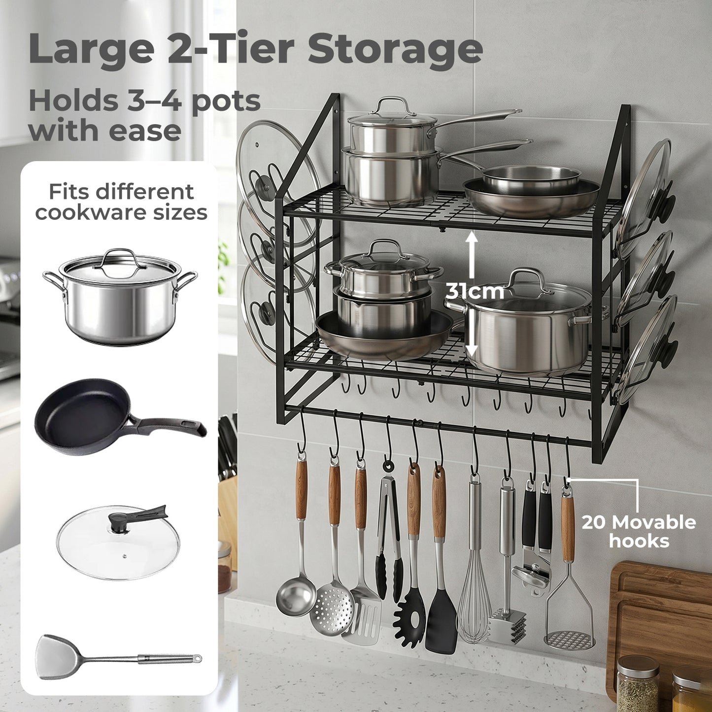 TOQUE Pot Rack Kitchen Storage Organiser Shelf Pan Rack 20 Hooks Lid Holders