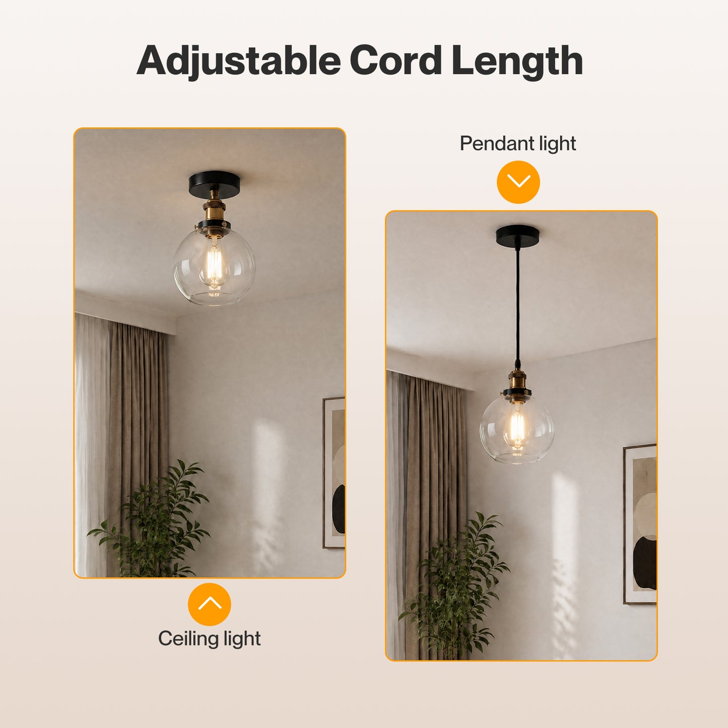 Emitto Ceiling Pendant Light Retro Industrial Glass LampShade Adjustable Cable