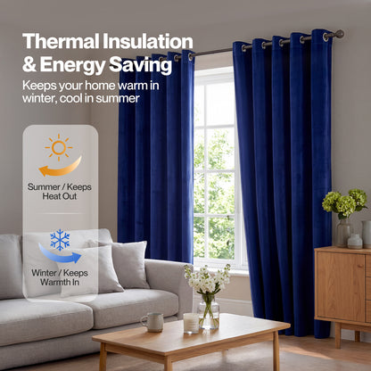 Marlow Thick Thermal Blackout Curtains Velvet 66x72 Inch Eyelet Ring Top Blue