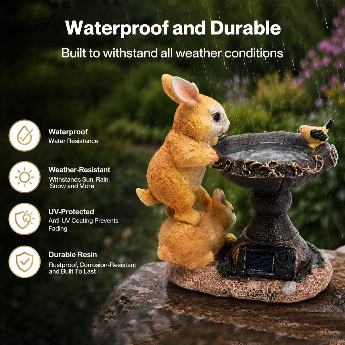 Emitto Garden Ornaments Outdoor Rabbit & Bird Solar Resin Artwork Bath For Patio