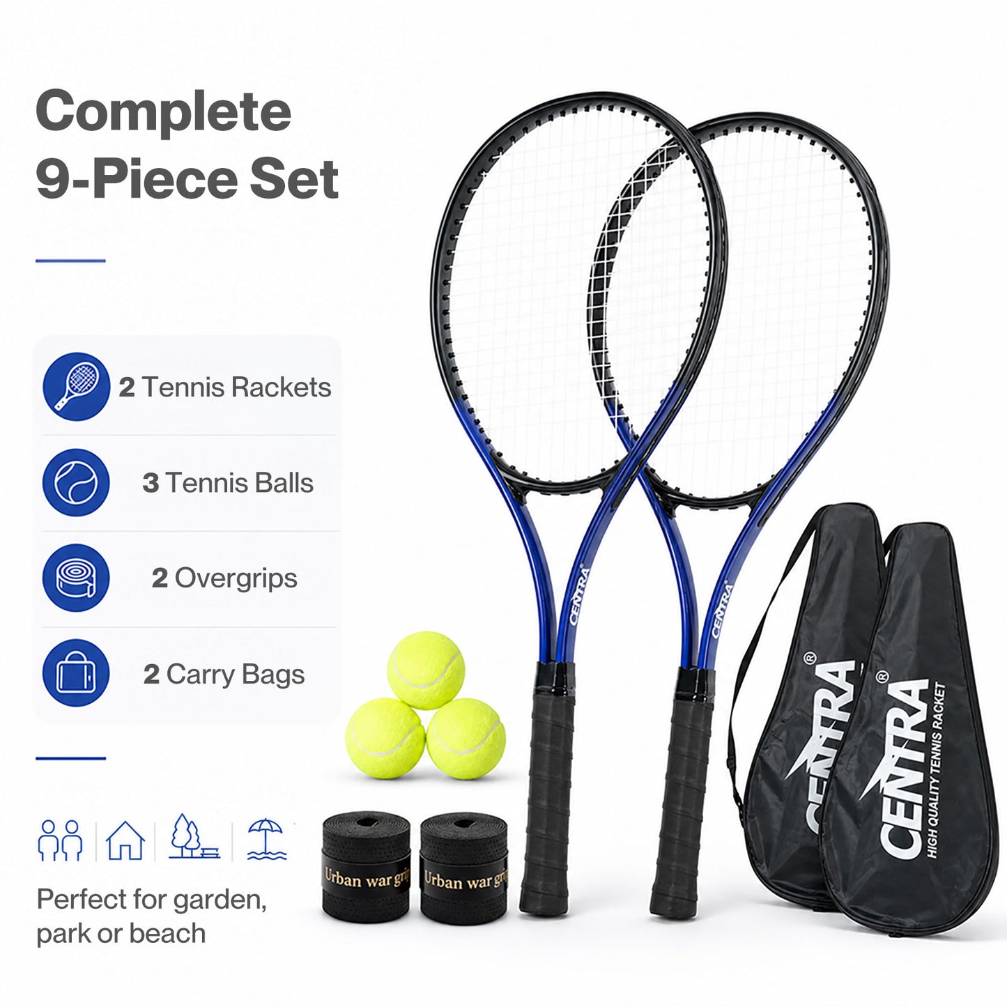 Centra 9Pcs Tennis Racket Set Lightweight Racquet Balls Carry Bag Overgrips
