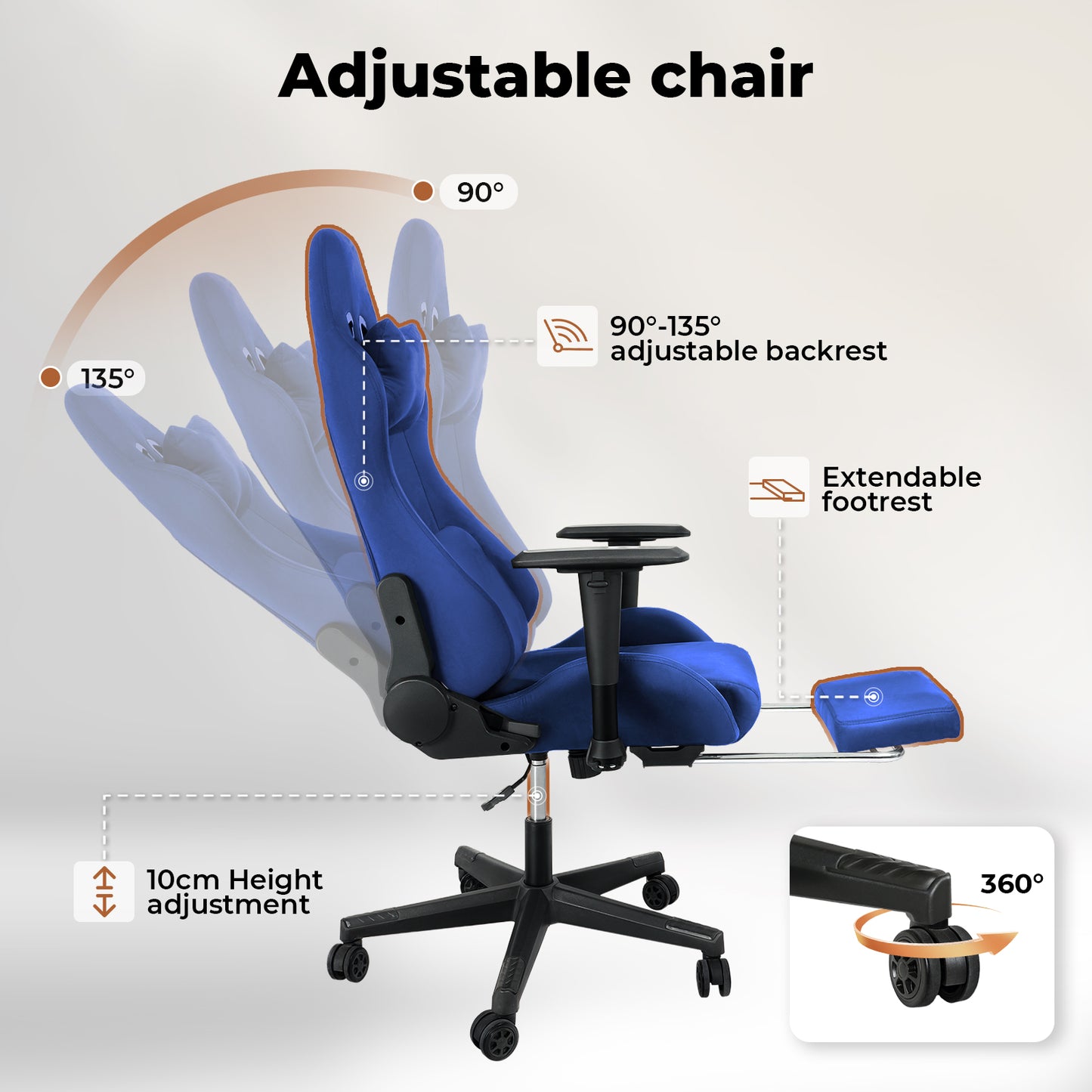 Levede Office Desk Chair Gaming Recliner Adjustable Height with Footrest Blue