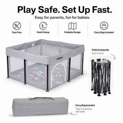 Dekko Baby Playpen Foldable Playpen With Mat 50 Balls Easy Setup Indoor Grey