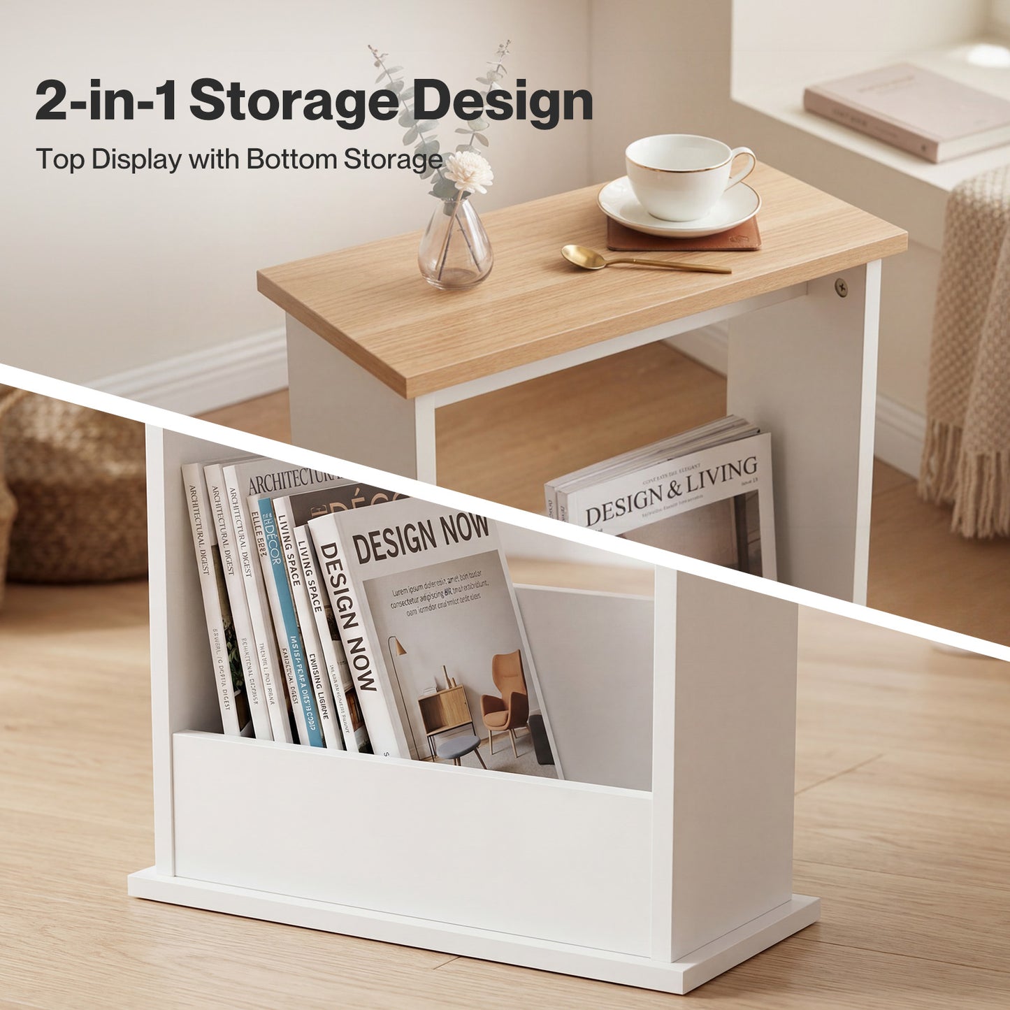 Levede Side Table with Magazine Rack Slim End Table For Living Room Natural