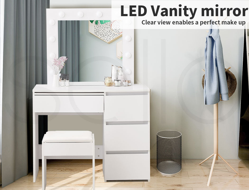 Levede Vanity Makeup Dressing Table White with Led  Light Mirror Drawer PU Stool