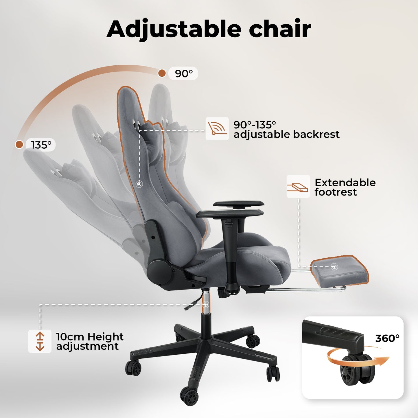 Levede Office Desk Chair Gaming Recliner Adjustable Height with Footrest Grey
