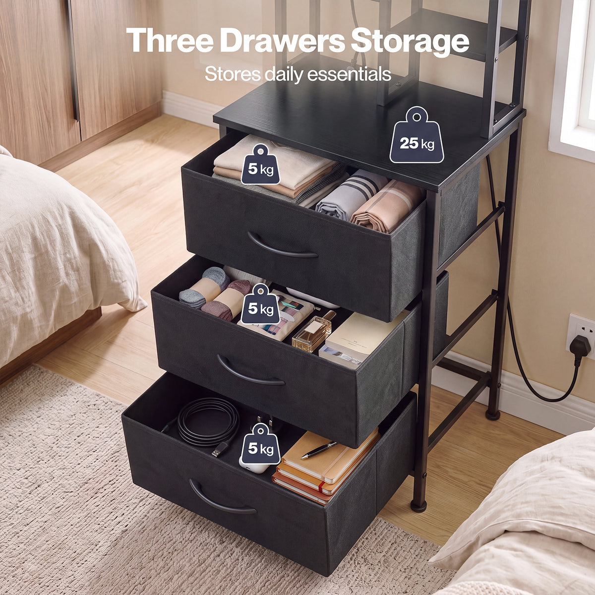 Levede Bedside Table with Charging Station 3 Drawer RGB Light Night Stand Black