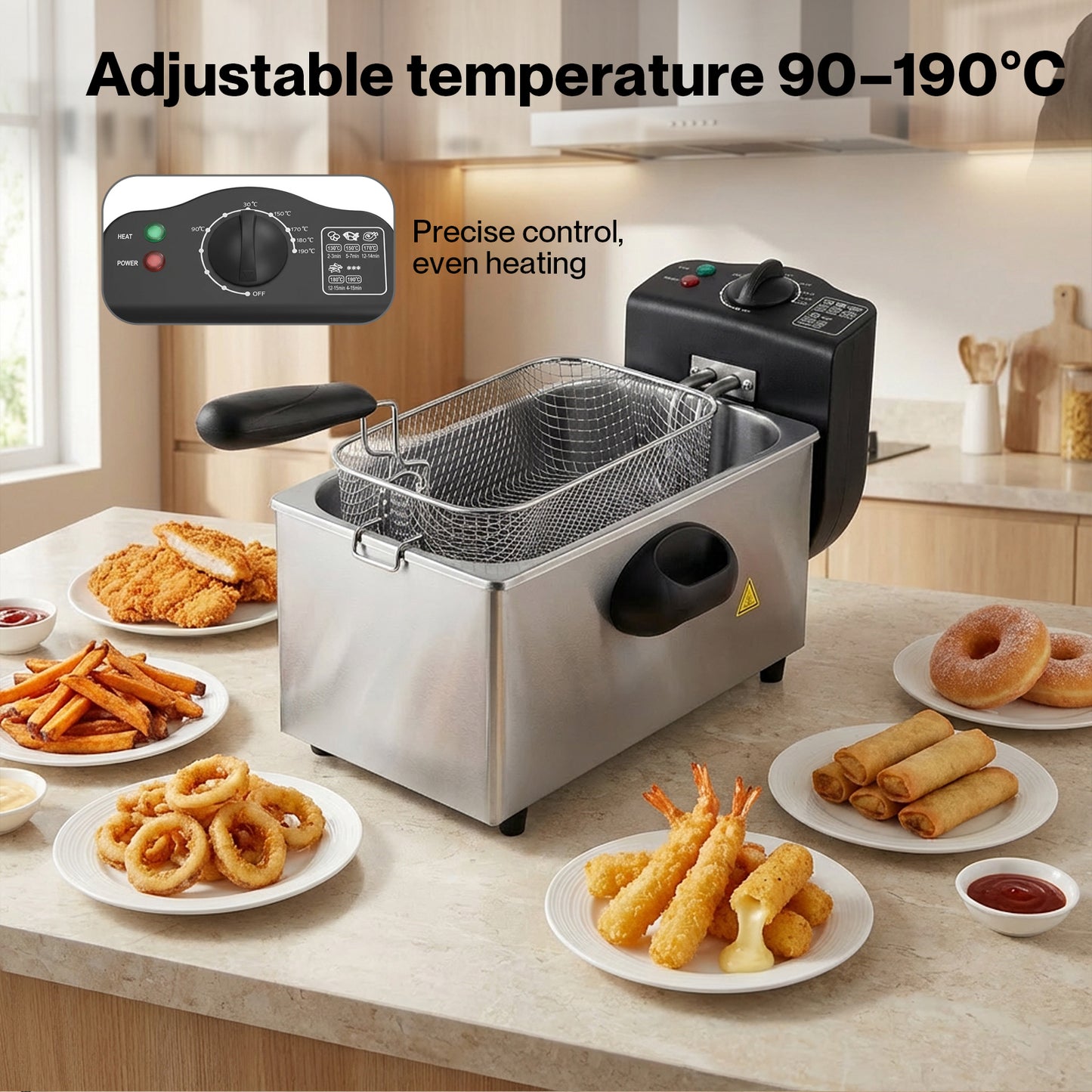 Spector Deep Fat Fryer 3L Chip Pan Basket Stainless Steel Adjustable Temp 2000W