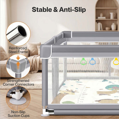 Dekko Baby Playpen 150x180cm Play Mat with 50 Ocean Balls 65cm Safe Height Grey