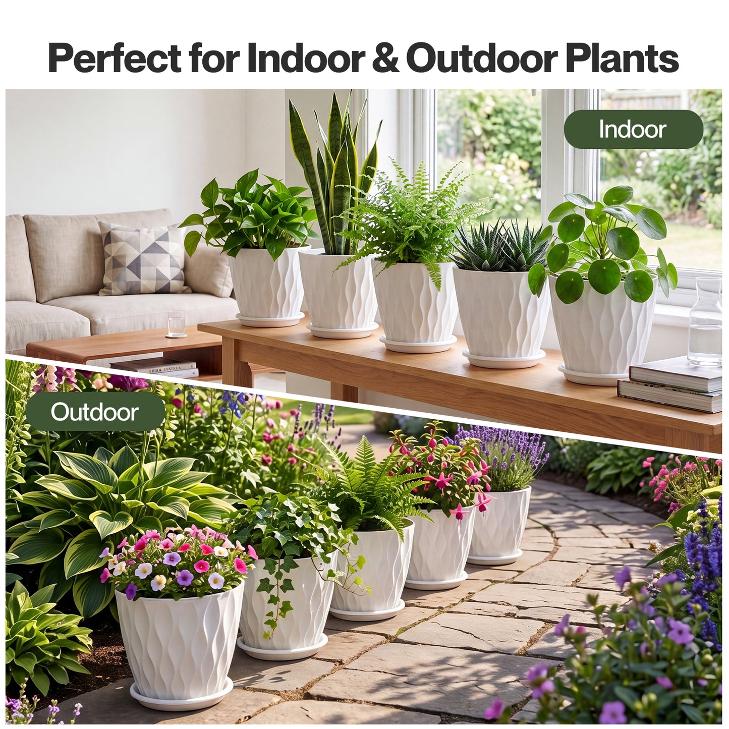 TOQUE Plant Pots 5Pc 8 Inch Plant Pots Indoor Drainage PP Plastic White