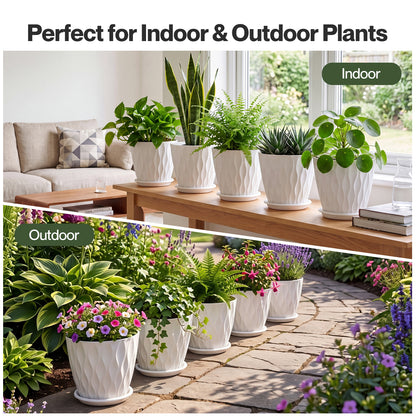 TOQUE Plant Pots 5Pc 8 Inch Plant Pots Indoor Drainage PP Plastic White