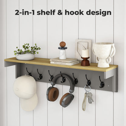 Levede Coat Rack Wall Mounted 7 Double Hooks Wood Entryway Hallway Storage Shelf