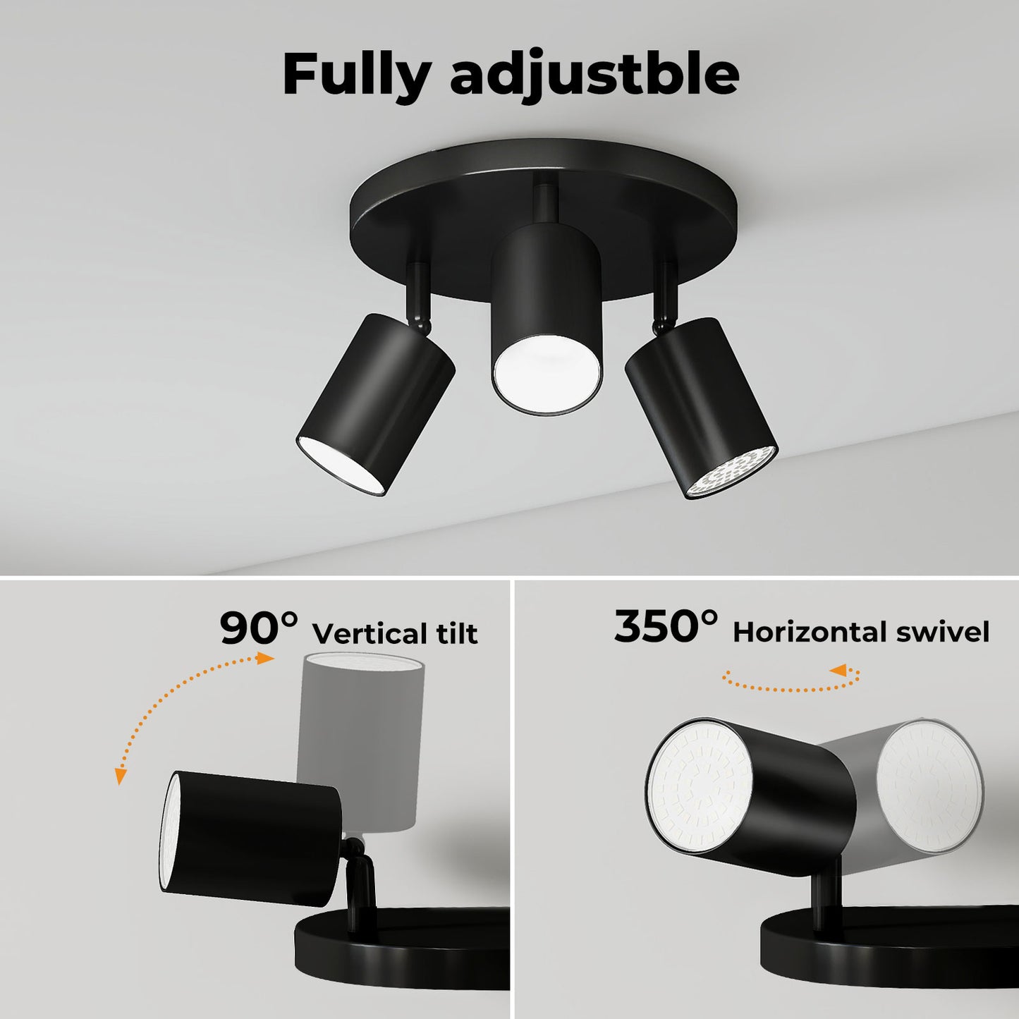EMITTO 3-Way Spotlight Ceiling Light Adjustable GU10 Modern Black Round Base
