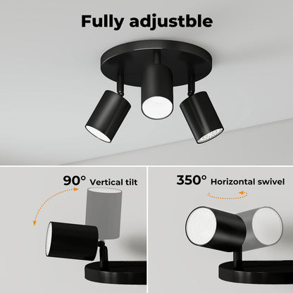 EMITTO 3-Way Spotlight Ceiling Light Adjustable GU10 Modern Black Round Base