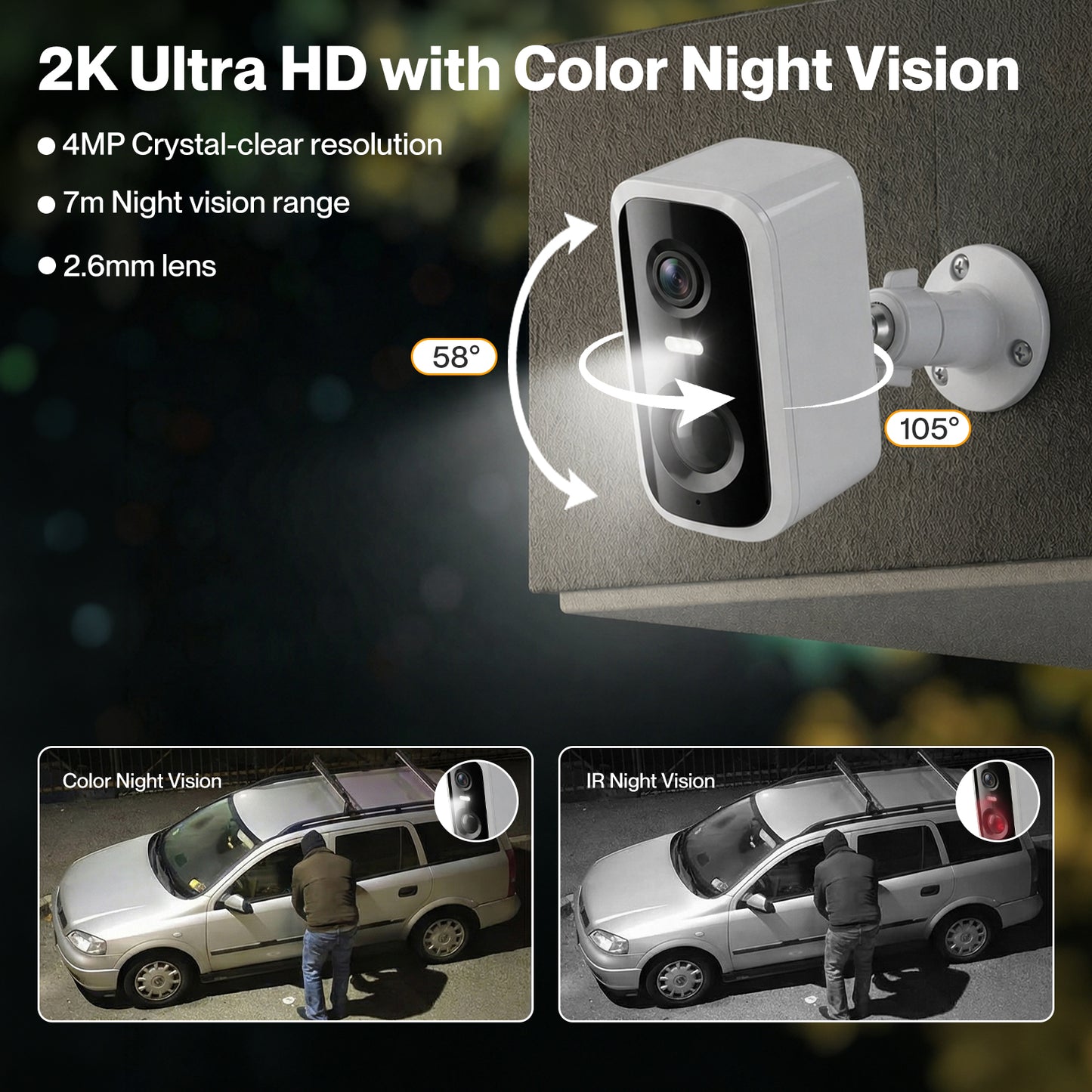 Spector 2K Wireless Security Camera Solar Powered WiFi AI Detection Outdoor PIR