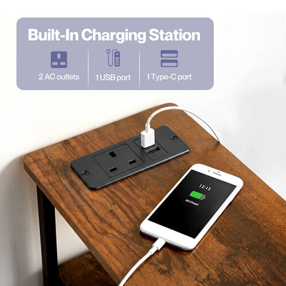 Levede Bedside Table Narrow Side Table with LED Charging Station Storage Brown