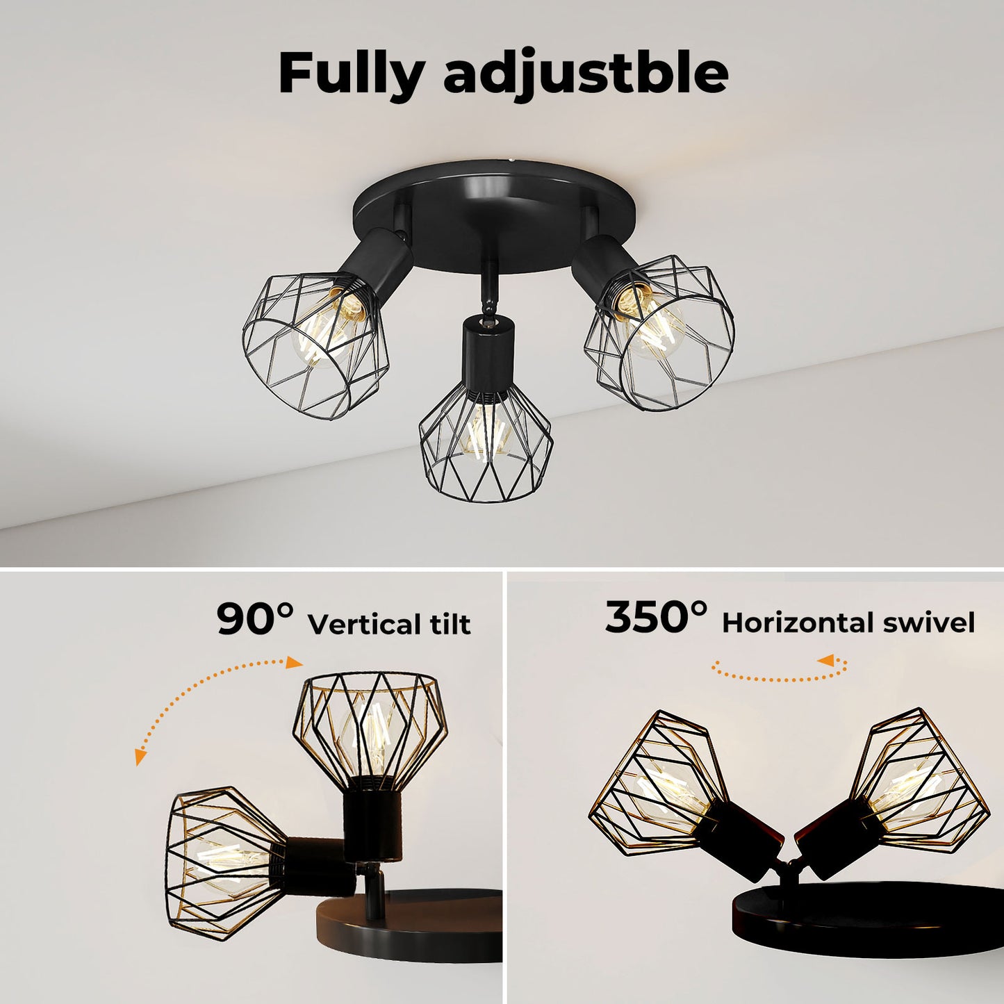 EMITTO 3-Way Spotlight Ceiling Light Adjustable Vintage Black E14 Metal Fixture