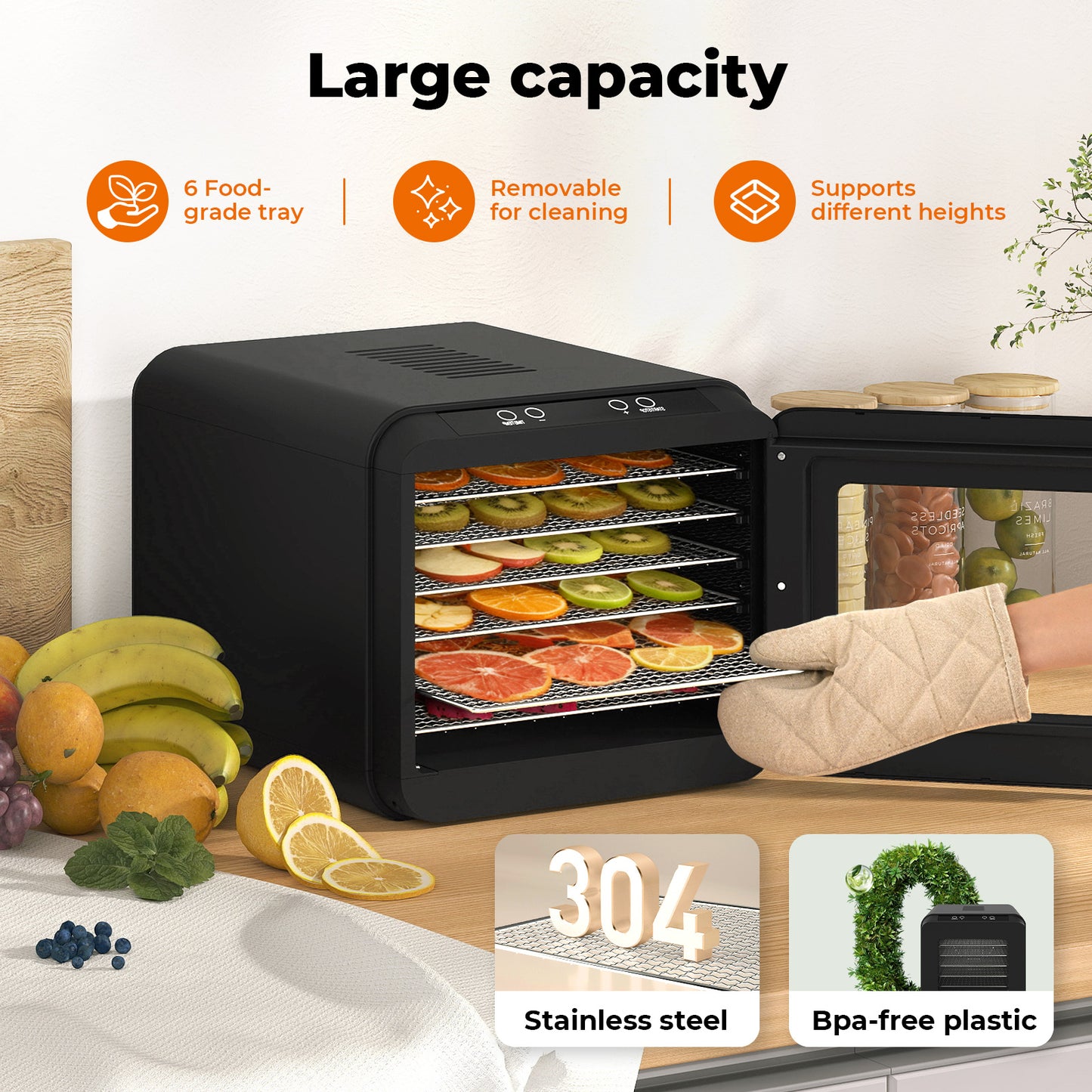 Spector Electric Food Dehydrator 6 Stainless Steel Trays Touch Control 72H Timer