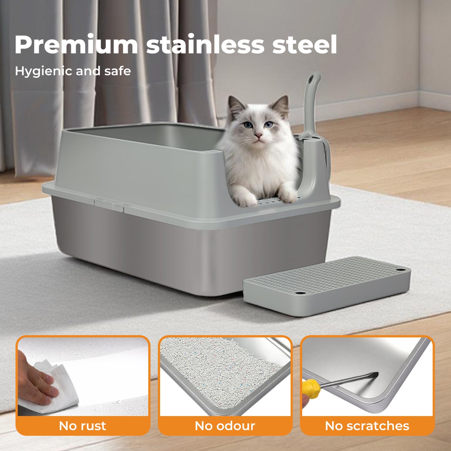 Skylos Stainless Steel Cat Litter Box Semi-Enclosed Easy Cleaning Pet Toilet
