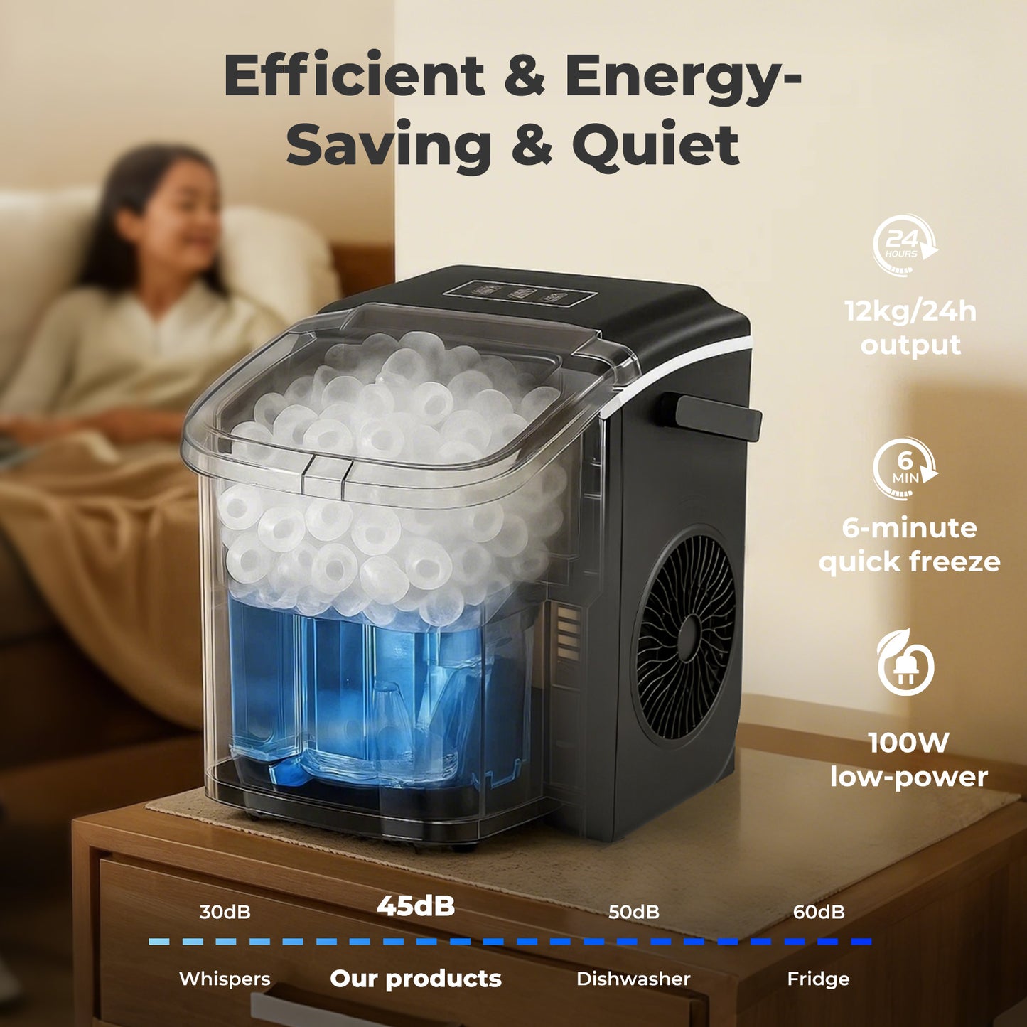Spector Ice Maker Machine Countertop 12Kg in 24Hrs 9 Cubes Ready in 6-12Mins