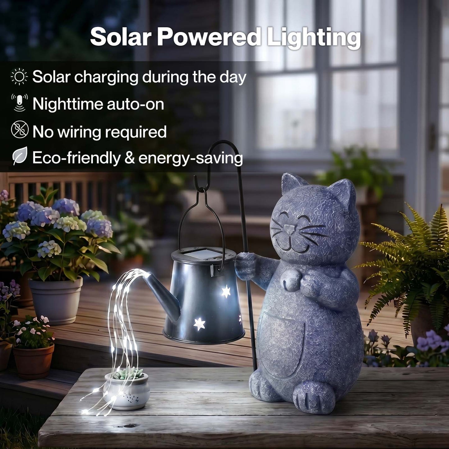 Emitto Solar Light Cat Garden Statue Ornament Resin Metal Stone Grey Black