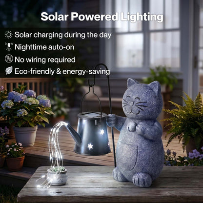 Emitto Solar Light Cat Garden Statue Ornament Resin Metal Stone Grey Black