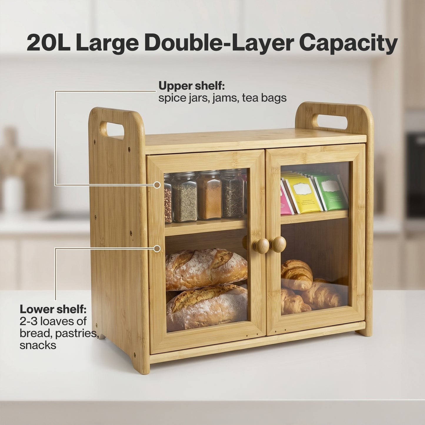 TOQUE Bread Box 20L 2-Tier Bamboo Bread Bin Storage Acrylic Door Natural