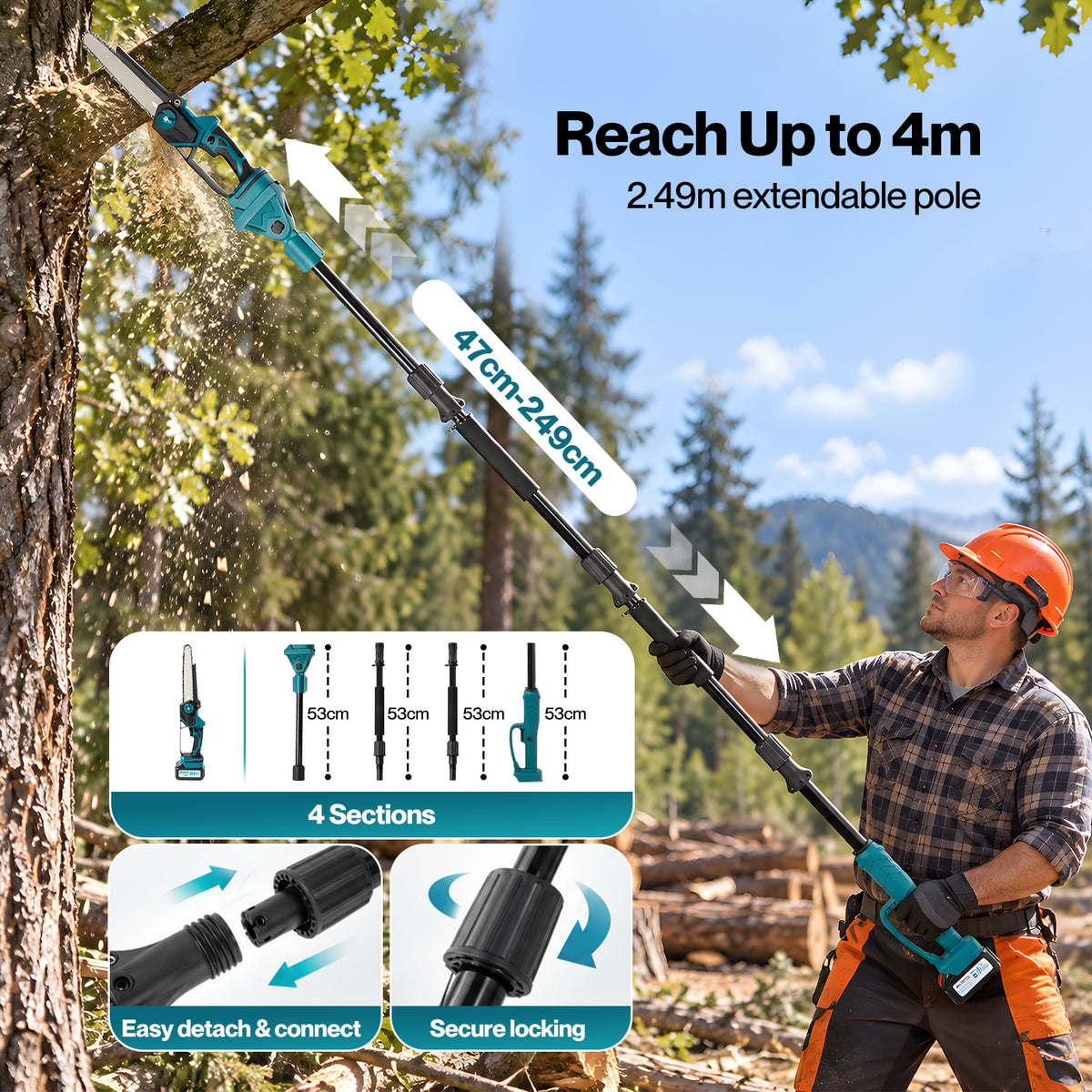 Traderight Mini Chainsaw Pole Saw Brushless 700W 2.49m Adjustable Head Blue