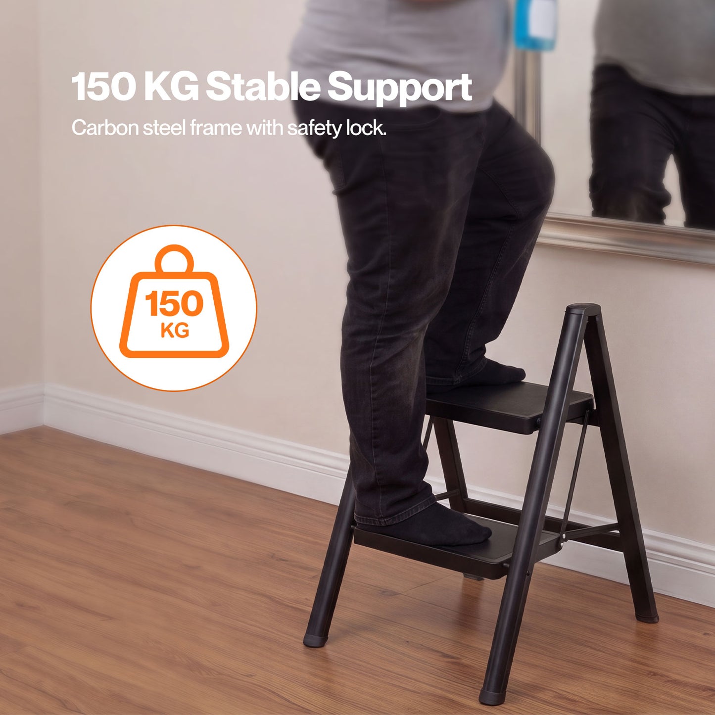 Traderight Small Step Ladder Foldable 150KG Carbon Steel Kitchen Steps Black