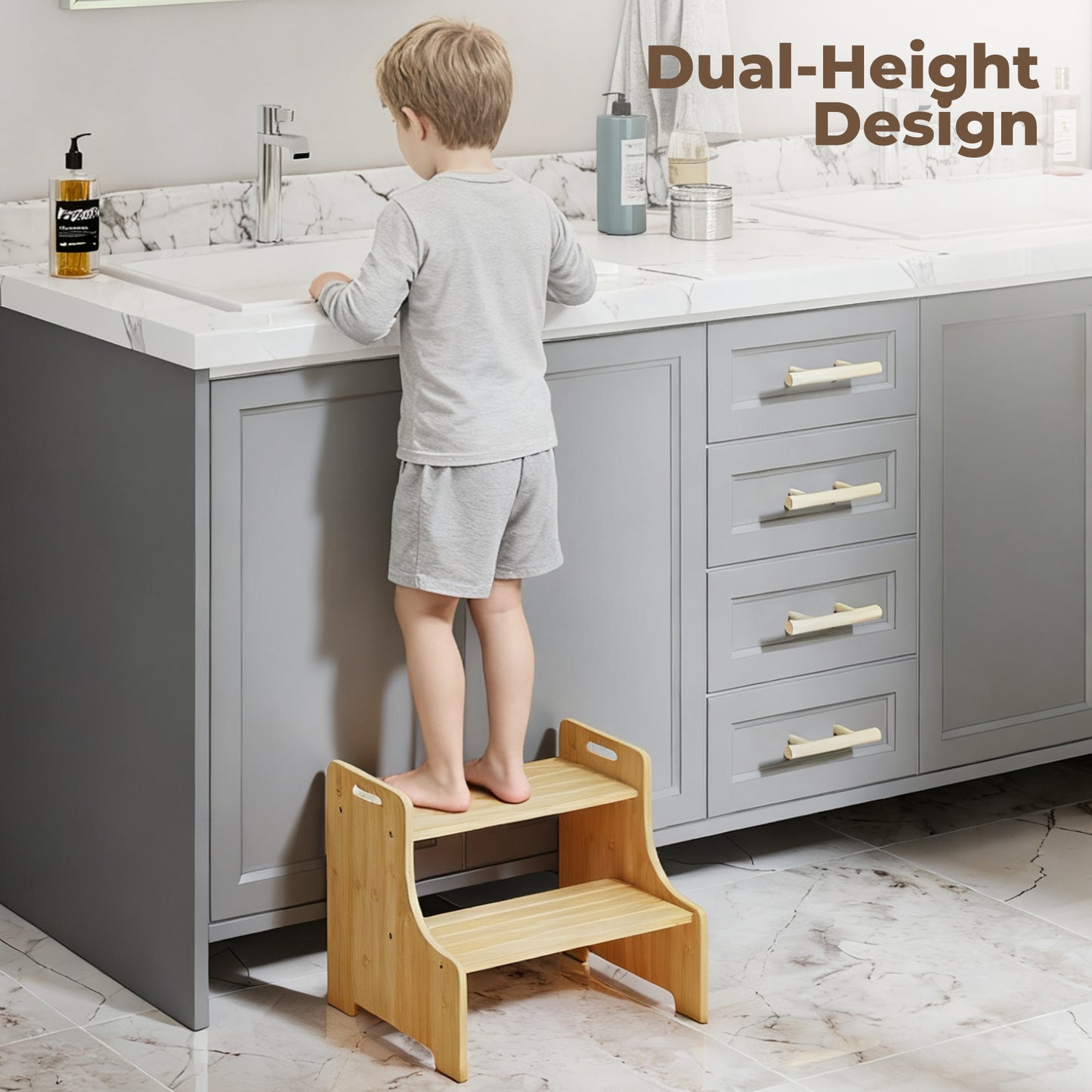 Levede Bamboo 2 Step Stool Non Slip for Potty Training Bathroom Splash Handle