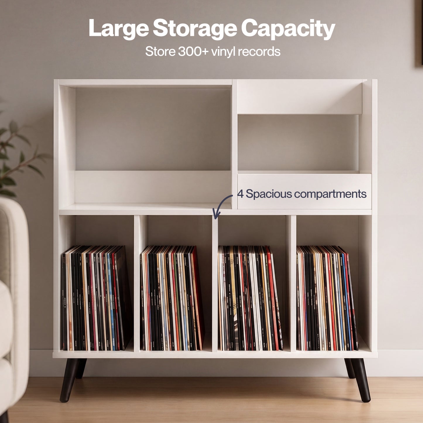 Levede Record Player Stand 300+ Album Storage Turntable Cabinet Rubber Wood White