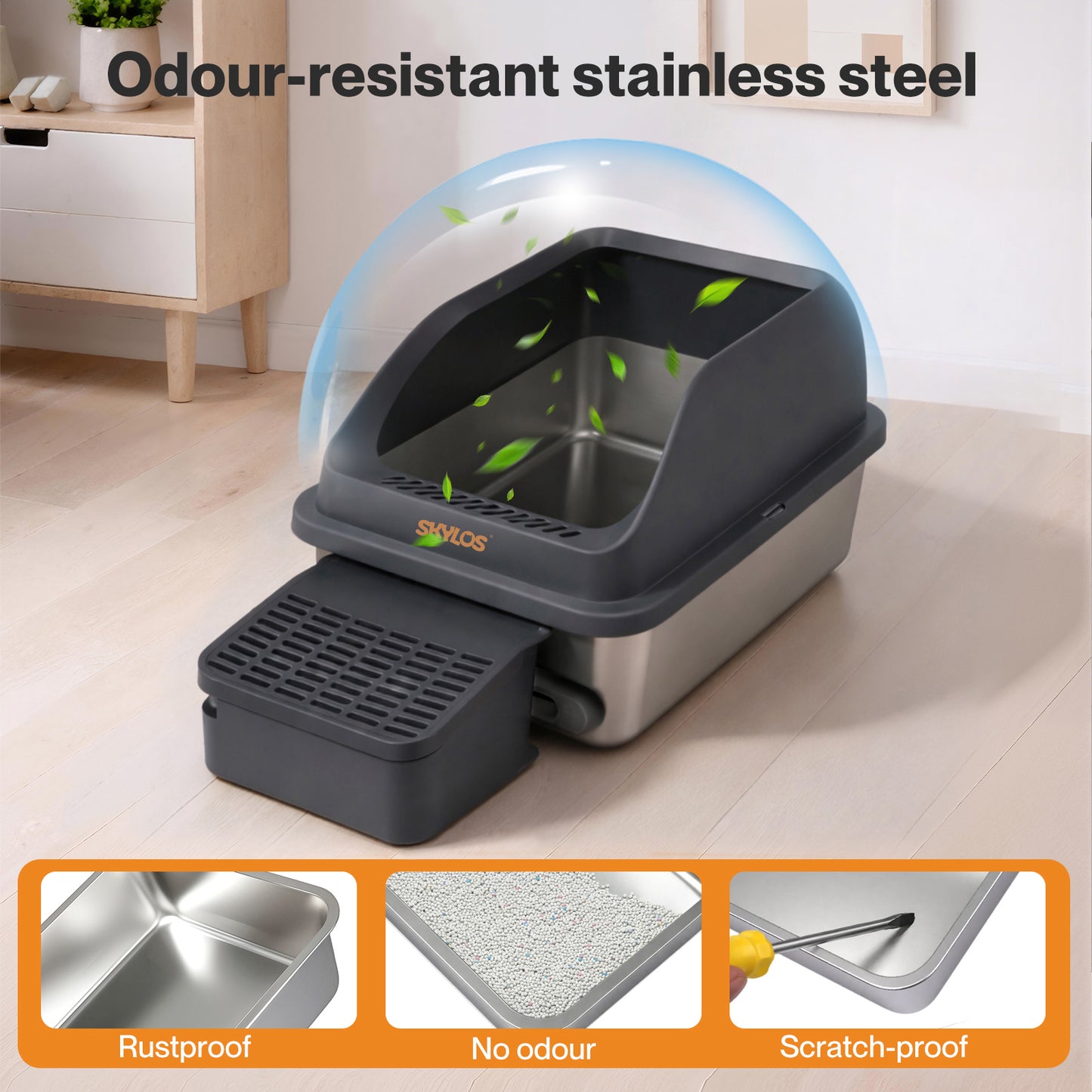 Skylos Stainless Steel Cat Litter Box Big Cats Kitten High Sided Easy Clean Grey