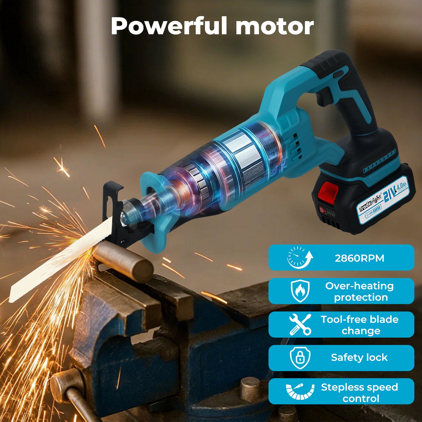 Traderight Cordless Reciprocating Saw Set For Wood Metal 2 Battery Safety Goggle