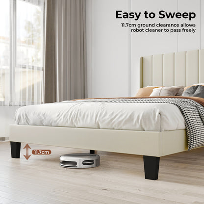 Levede Wooden Bed Frame King Panel Plush Upholstered Metal Bed Platform Beige