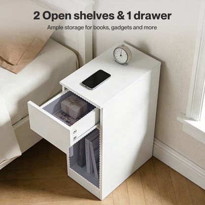 Levede Bedside Table Cabinet  Narrow Slim Side Cabinet White Drawer Open Shelf