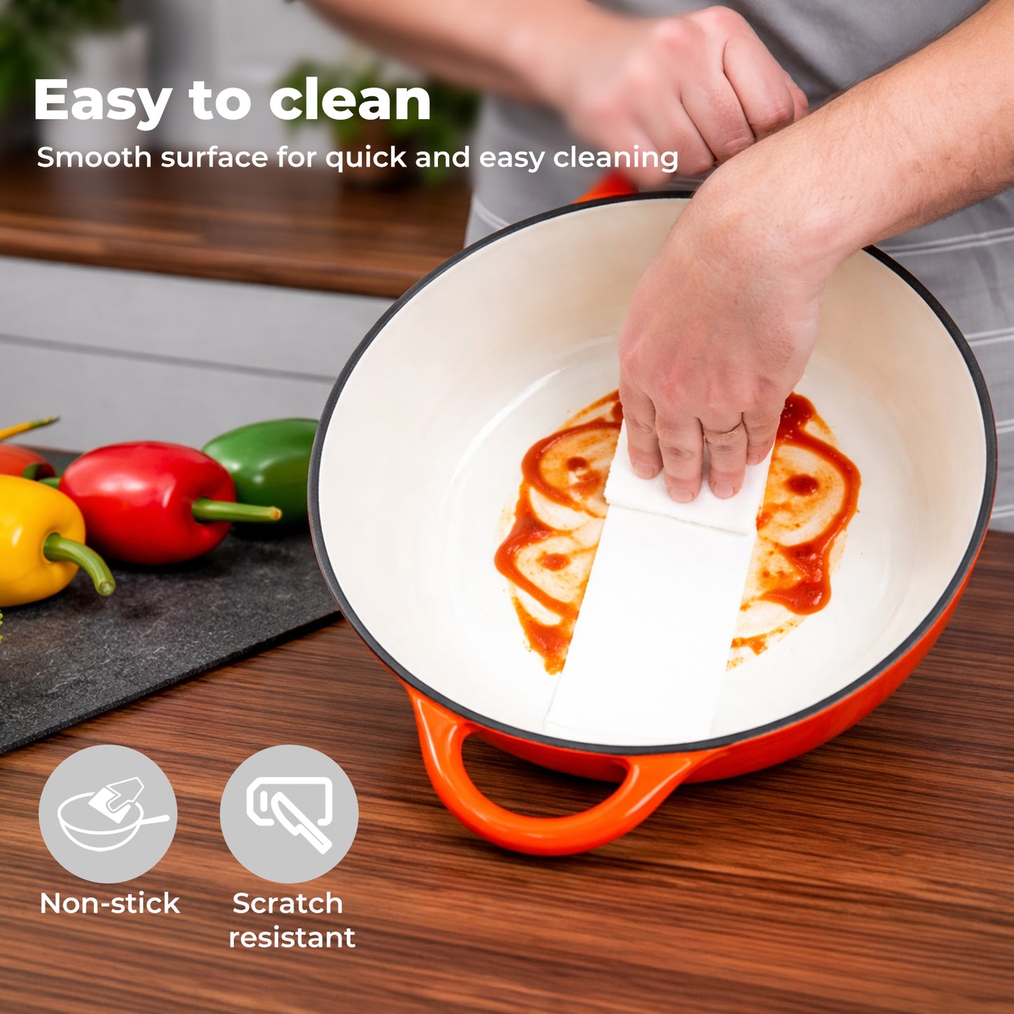 Toque Cast Iron Enameled Dutch Oven Pot Casserole Dish with Lid Non-Stick Orange