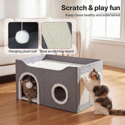Skylos Cat House 2-Layer Large Soft Cave Cube Fluffy Ball Grey Scratching Board