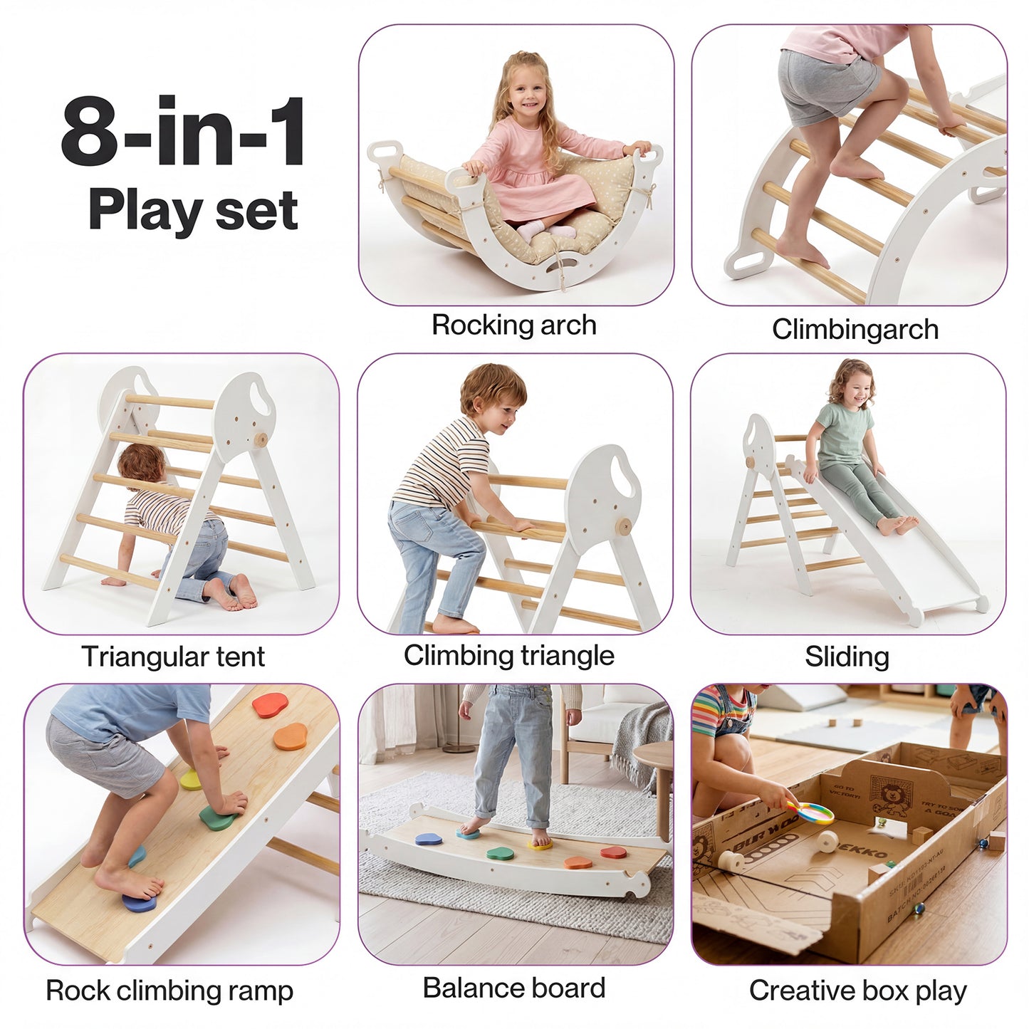 DEKKO 8 in 1 Triangle Climbing Set Kids Wooden Climber with Arch Slide White