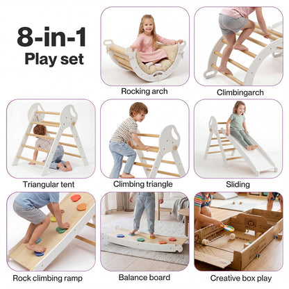 DEKKO 8 in 1 Triangle Climbing Set Kids Wooden Climber with Arch Slide White