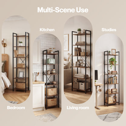 Levede Book Shelf 6-Tier Narrow Shelves Space-Saving Steel Bedroom Walnut Brown