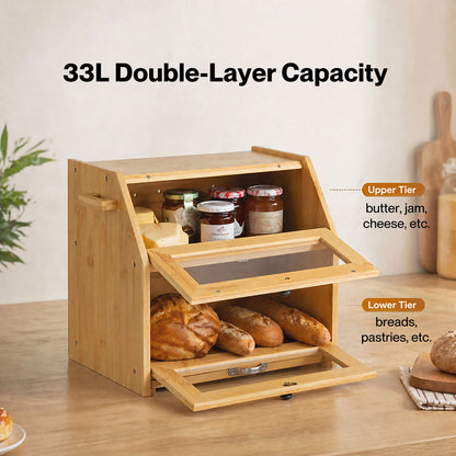 TOQUE 33L Bamboo Bread Bin with Cutting Board Bread Storage Box Natural