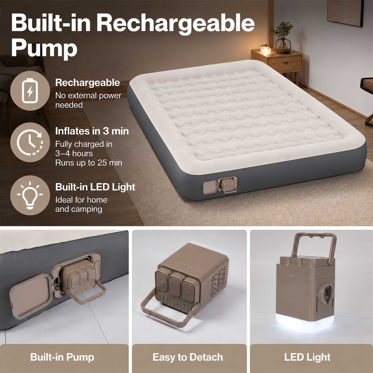 Lavio Inflatable Mattress TPU Airbed Rechargeable Pump Double Camp Bed Grey
