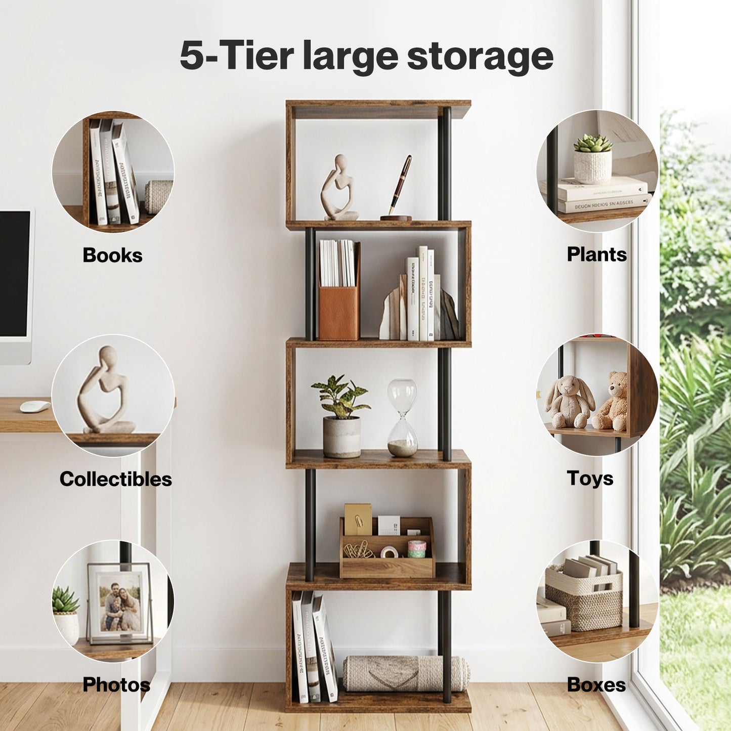 Levede 5-Tier Bookshelf S-Shaped Geometric Tall Bookcase Storage Unit Walnut