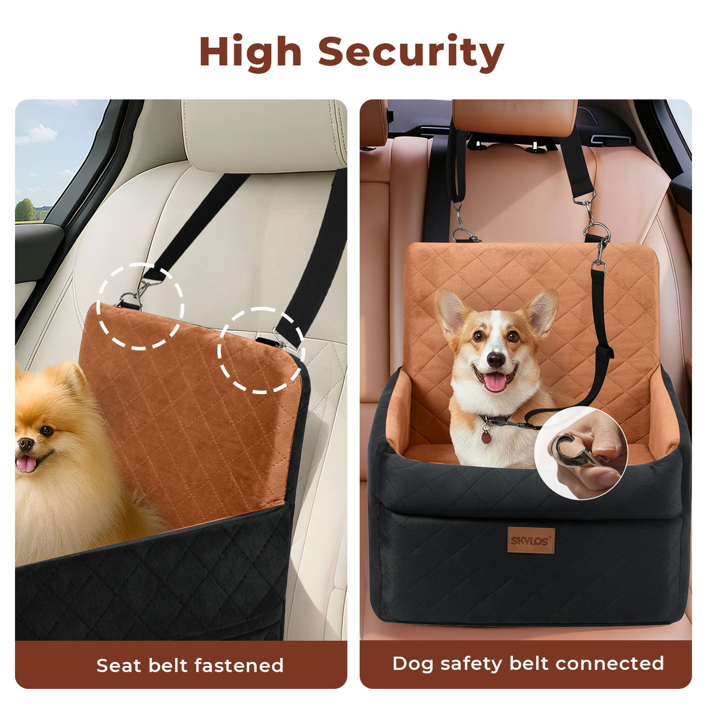 Skylos Dog Car Seat for Small Dogs Cats Cosy Pet Travel Bed with Safety Leash
