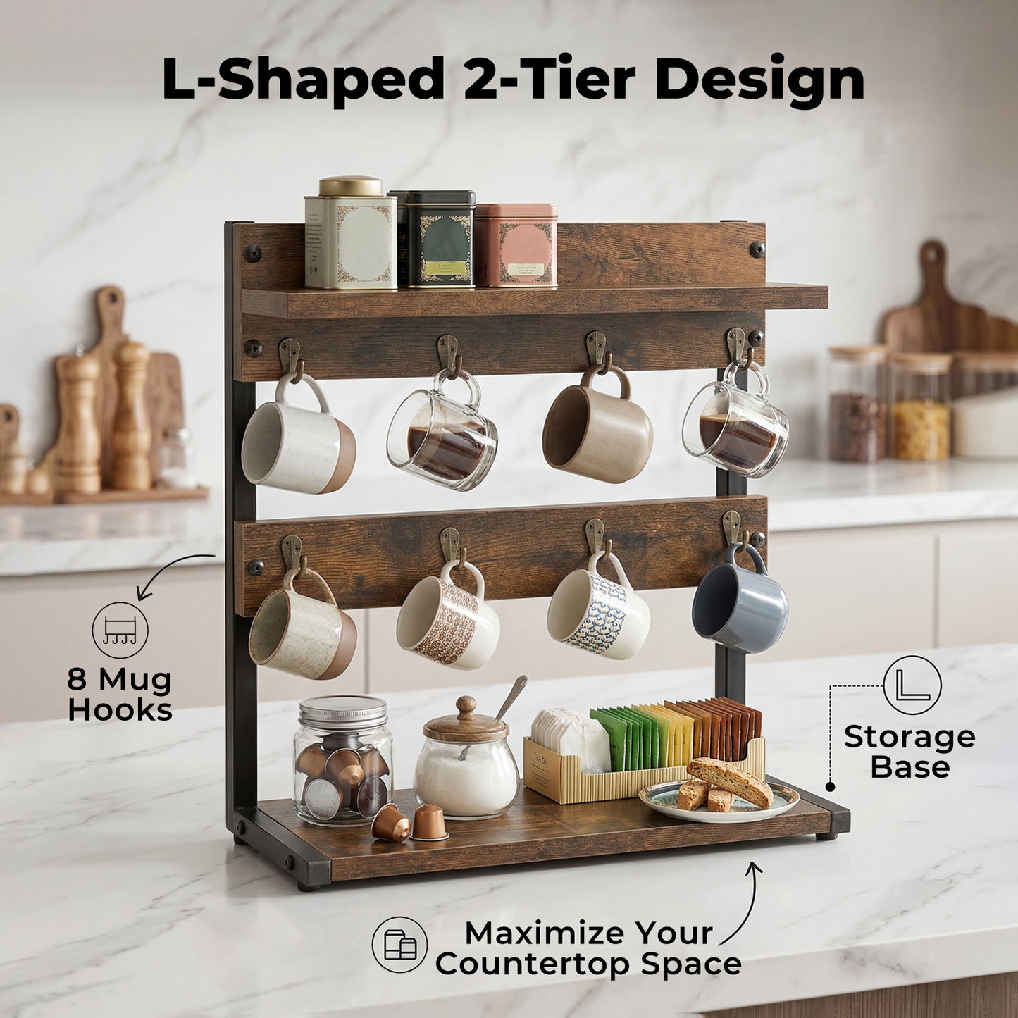Levede Mug Holder Stand Coffee Cup Rack Storage Organiser 8 Hooks Rustic Brown