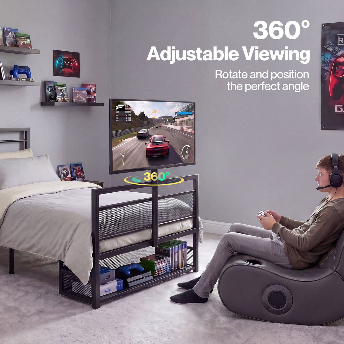 Levede Single Bed Frame Gaming Bed TV Bed 360° Rotating Mount Metal Black
