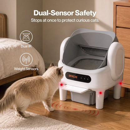 Skylos Cat Litter Tray Self Cleaning App Control Quiet for Multi Cats White
